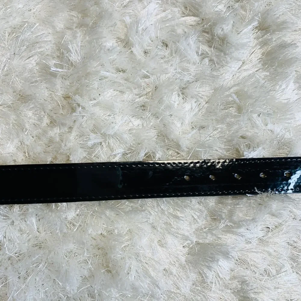 Black Patent Leather Belt Vintage Medium Large Gold Buckle